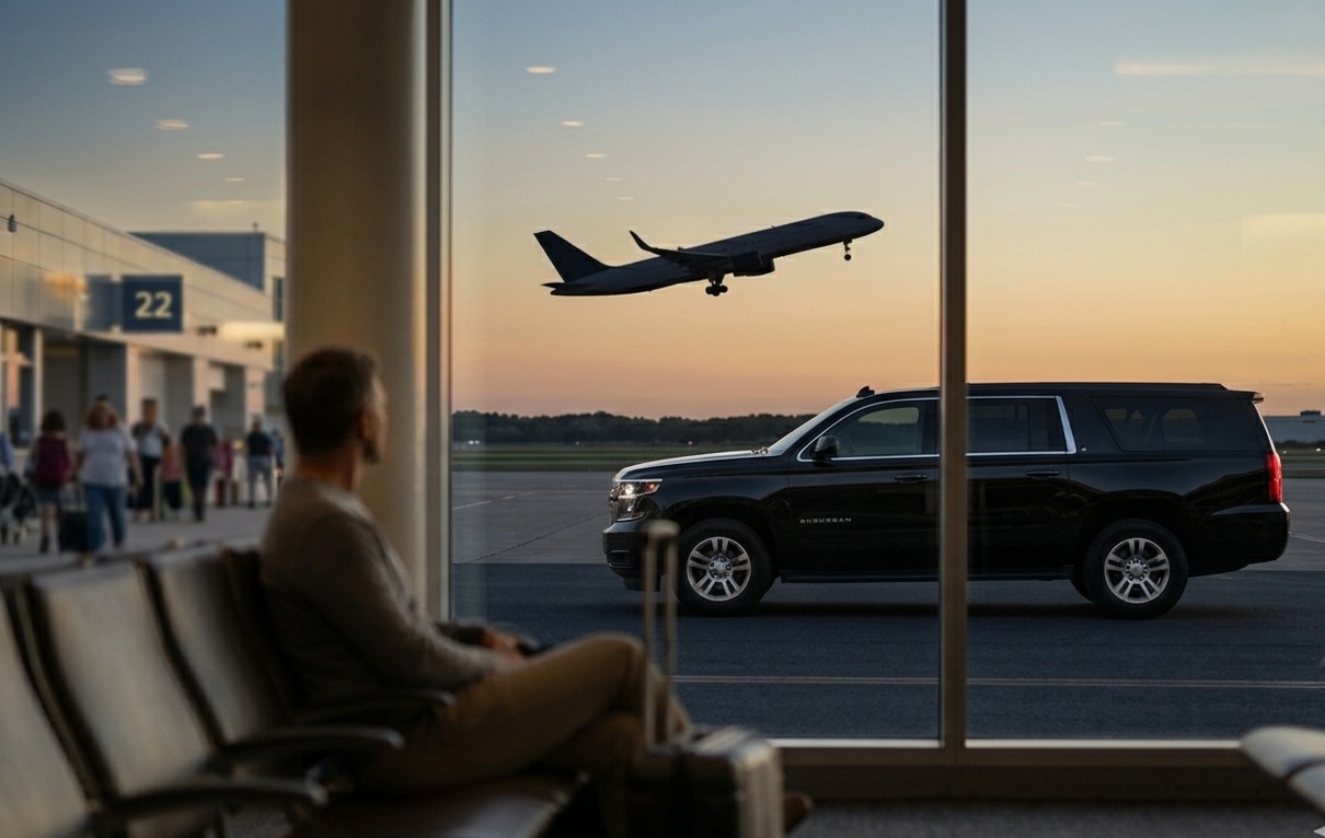 FAAAMO Suburban at airport terminal with plane taking off